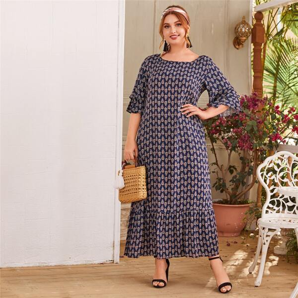 

Plus Flounce Sleeve Tribal Print Dress, Multicolor