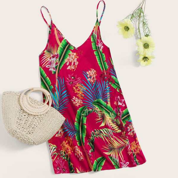 

Double V-neck Tropical Print Slip Dress, Multicolor