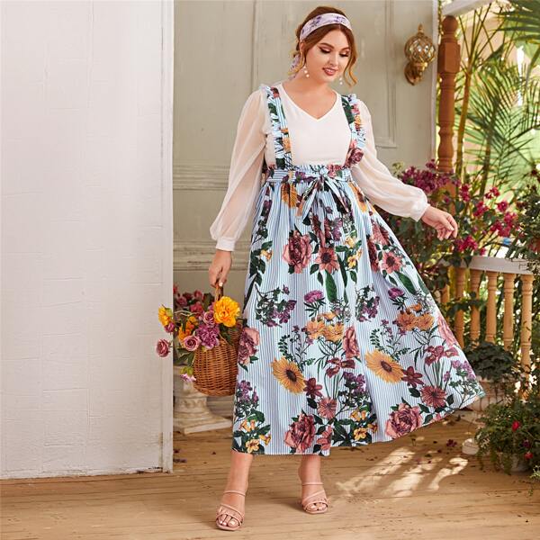 

Plus Striped & Floral Print Belted Overall Dress, Blue