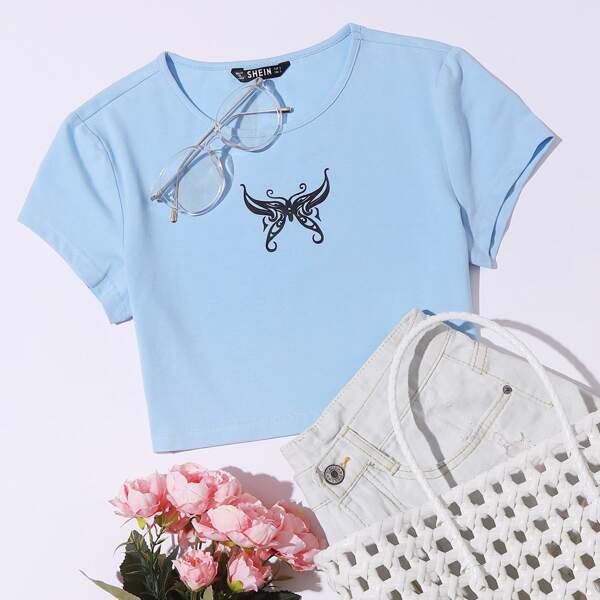 

Butterfly Print Crop Tee, Blue pastel