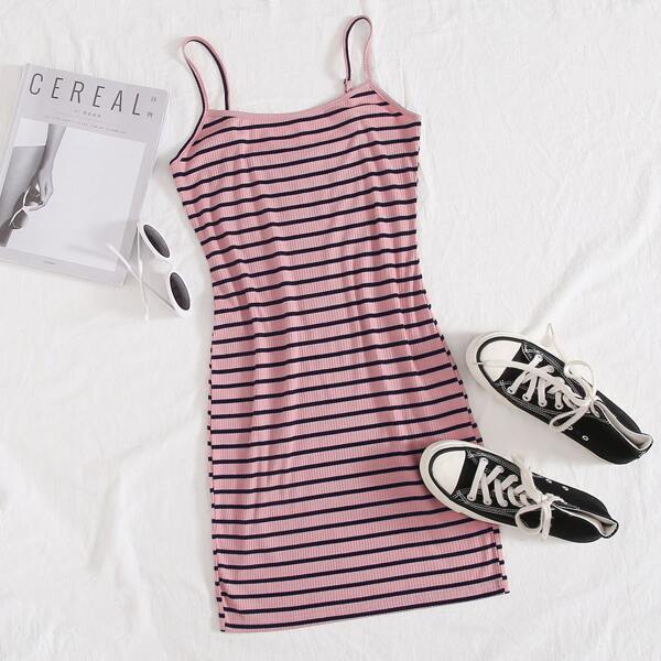 

Rib-knit Striped Bodycon Dress, Pink