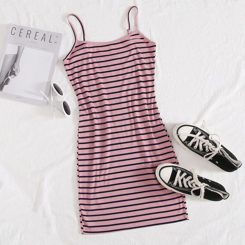 

Rib-knit Striped Bodycon Dress, Pink
