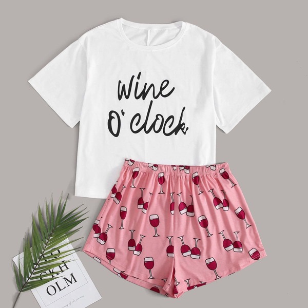

Plus Slogan Graphic Tee & Wine Cup Shorts PJ Set, Multicolor