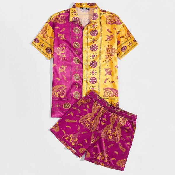 

Men Notched Collar Paisley Print Spliced Shirt & Shorts Set, Multicolor
