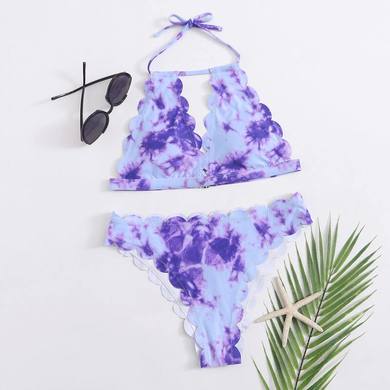 

Tie Dye Scallop Triangle Bikini Swimsuit, Purple