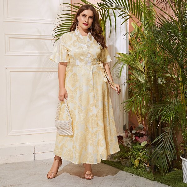 

Plus Knot Side Jacquard Wrap Dress, Beige