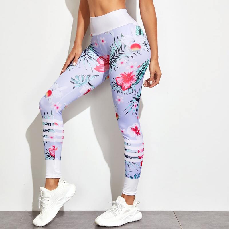 

Floral & Striped Print Sports Leggings, Multicolor