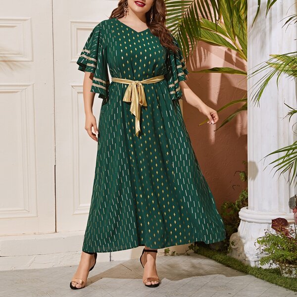 

Plus Geo Print Butterfly Sleeve Belted Dress, Green