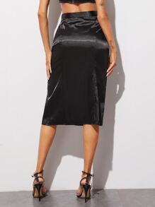 Lace Trim Satin Split Skirt - Black - View 2