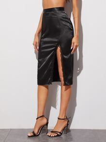 Lace Trim Satin Split Skirt - Black - View 4
