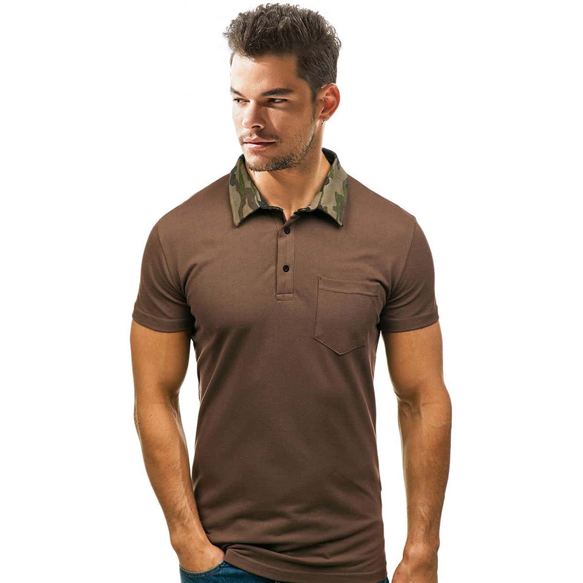 Guys Contrast Camo Collar Polo Shirt, Brown