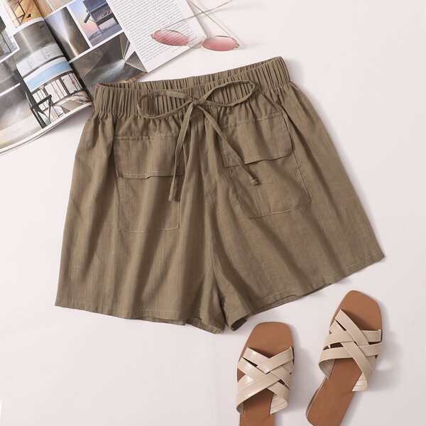 

Tie Waist Flap Pocket Shorts, Khaki