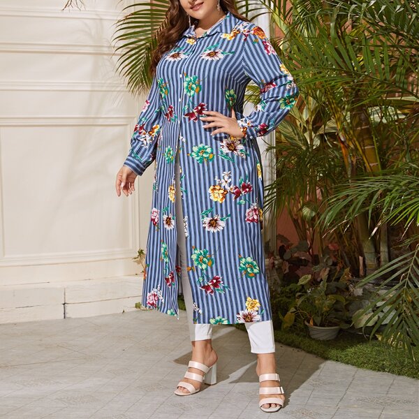 

Plus Striped & Floral Print Longline Blouse, Blue