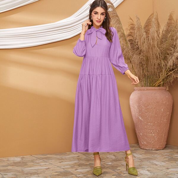 

Solid Tie Neck Babydoll Dress, Purple
