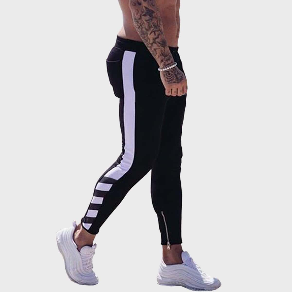 

Guys Zip Contrast Panel Drawstring Waist Sweatpants, Black