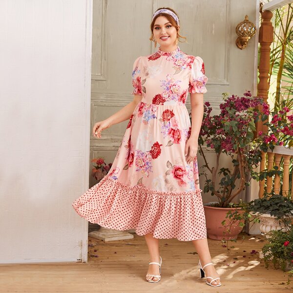 

Plus Frilled Neck Polka Dot Ruffle Hem Floral Dress, Pink