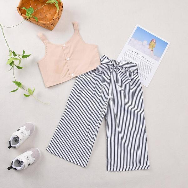 

Toddler Girls Button Front Tank Top & Striped Wide Leg Pants With Belt, Multicolor