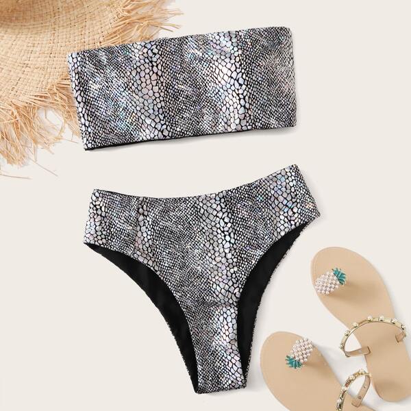

Plus Croc Metallic Bandeau Bikini Swimsuit, Grey