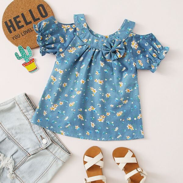 

Toddler Girls Floral Print Bow Denim Blouse, Blue