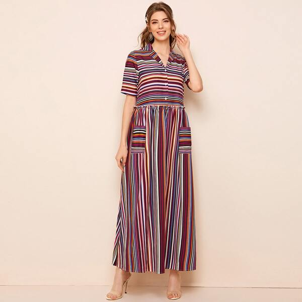 

Frill Trim Pocket Front Striped Shirt Dress, Multicolor