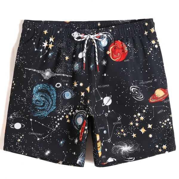 

Men Galaxy Print Drawstring Swim Trunks, Black