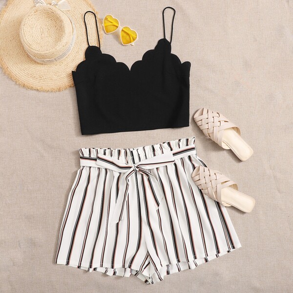 

Plus Scallop Trim Cami Top & Paperbag Waist Striped Shorts Set, Black and white
