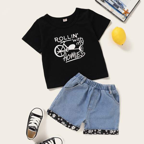 

Toddler Boys Slogan & Graphic Tee With Denim Shorts, Black