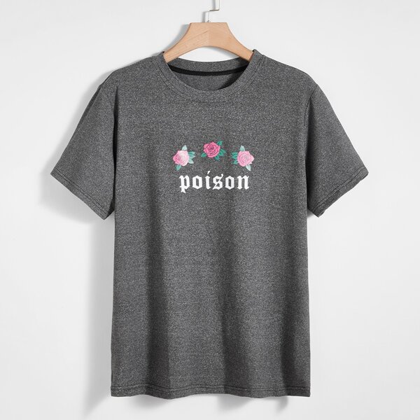 

Men Space Dye Floral And Letter Graphic Tee, Grey
