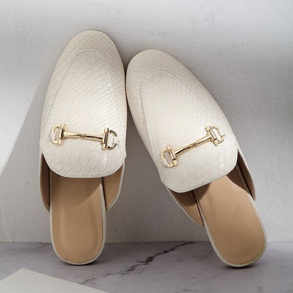 

Snaffle Decor Snakeskin Embossed Loafer Mules, Beige