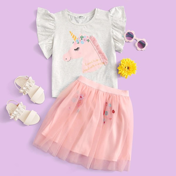 

Girls Unicorn Print Tee & Embroidered Mesh Skirt Set, Multicolor