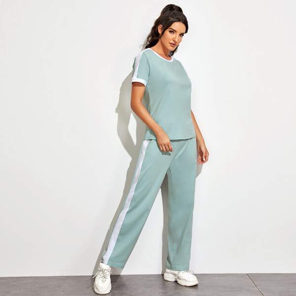 

Contrast Binding Short Sleeve Sports Set, Green