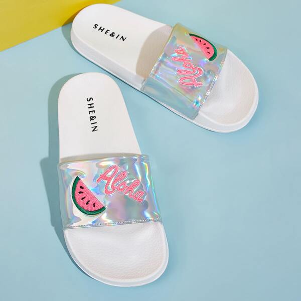 

Holographic Watermelon Embroidered Open Toe Sliders, Multicolor