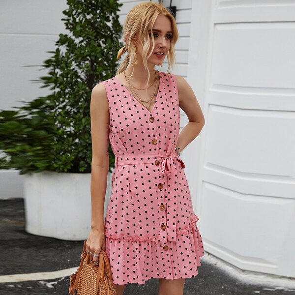 

Button Front Ruffle Hem Belted Polka-dot Dress, Pink