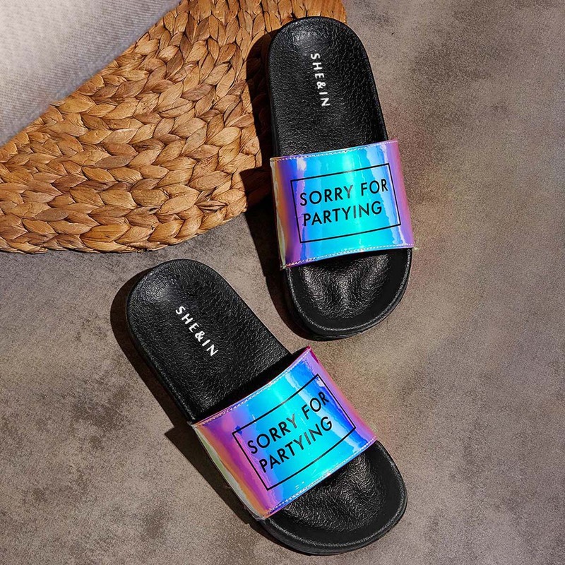 

Holographic Letter Graphic Open Toe Sliders, Multicolor