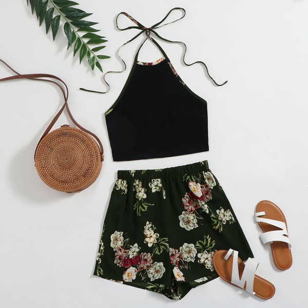 

Rib-knit Halter Top & Tropical Shorts Set, Multicolor