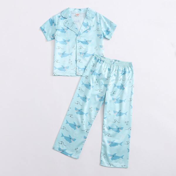 

Toddler Boys Allover Cartoon Shark Print Satin PJ Set, Blue pastel