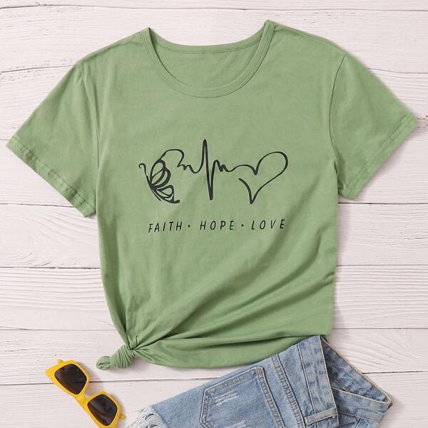 

Letter & Heart Print Tee, Army green
