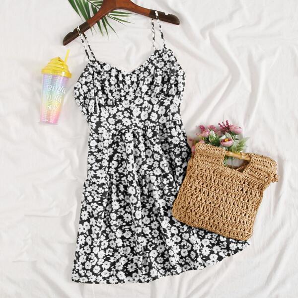 

All Over Floral Print Cami Dress, Black and white