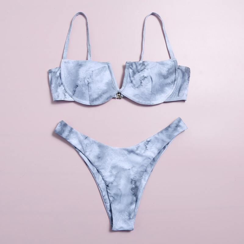 

Tie Dye V Wired Underwire High Leg Bikini Swimsuit, Grey