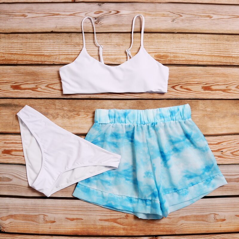 

3pack Tie Dye Shorts Co-ord Bikini Swimsuit, Multicolor