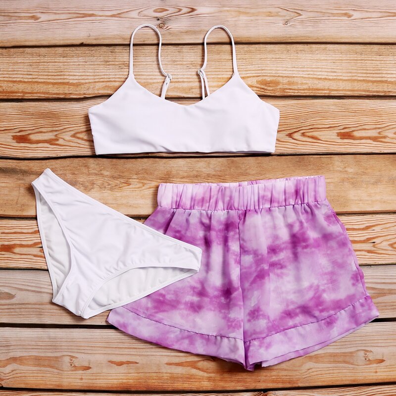 

3pack Tie Dye Shorts Co-ord Bikini Swimsuit, Purple
