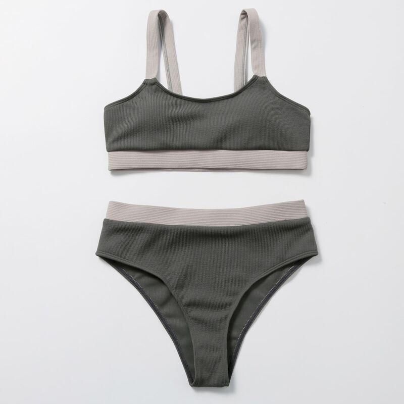 

Rib Contrast Trim High Waisted Bikini Swimsuit, Grey