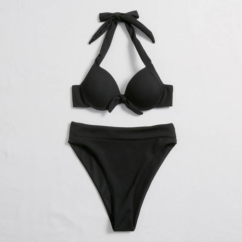 

Rib Underwire High Waisted Bikini Swimsuit, Black