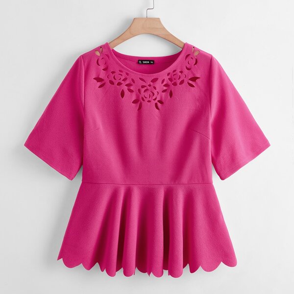 

Plus Lace Cut Scalloped Trim Peplum Top, Pink