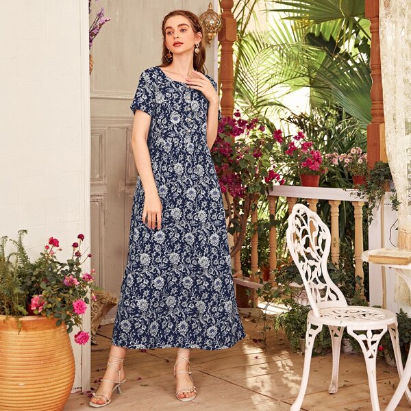 

Tribal Print Button Detail Smock Dress, Navy blue
