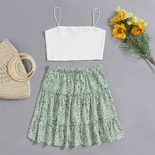 

Solid Cami Top & Ditsy Floral Layered Skirt Set, Multicolor