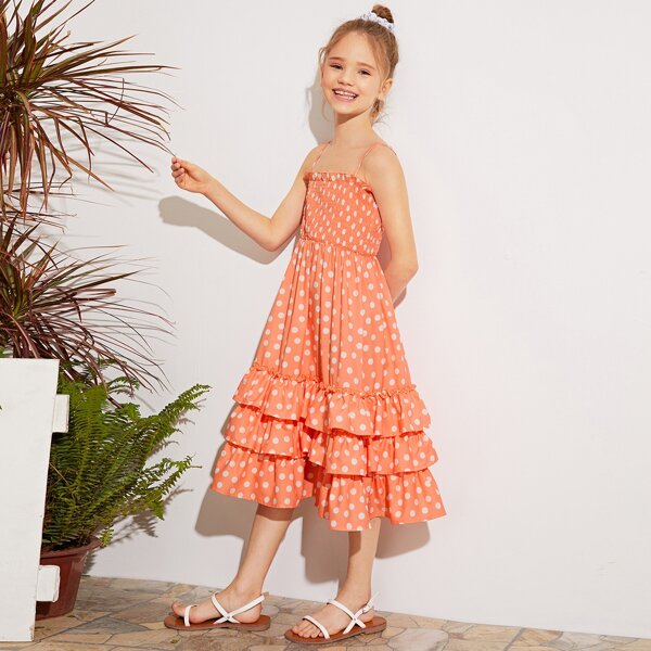

Girls Layered Ruffle Hem Shirred Detail Polka Dot Dress, Orange