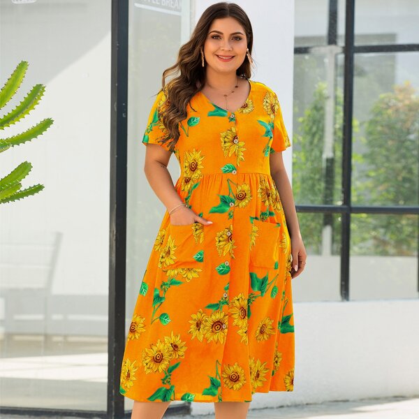 

Plus Sunflower Print Dual Pocket Dress, Yellow