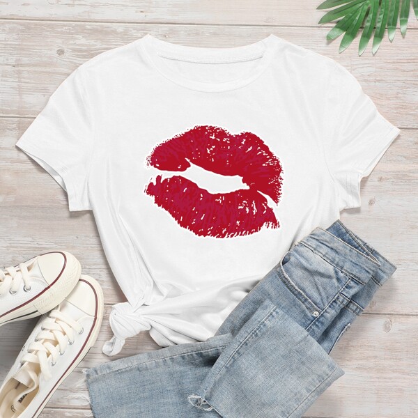 

Plus Lip Print Round Neck Tee, White