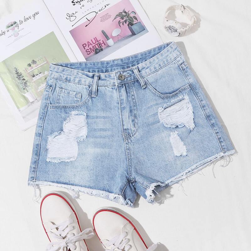 

Ripped Raw Hem Denim Shorts, Blue